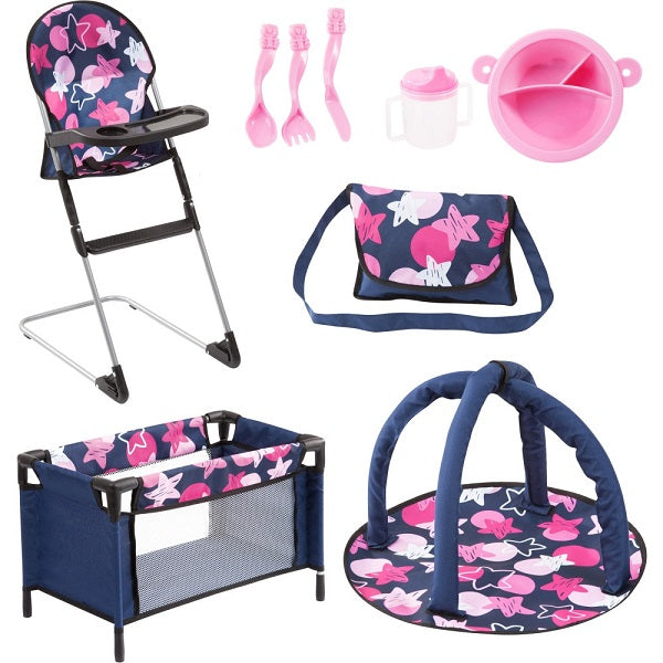 Doll Travelbed set 9 in 1 (Blue/Pink)