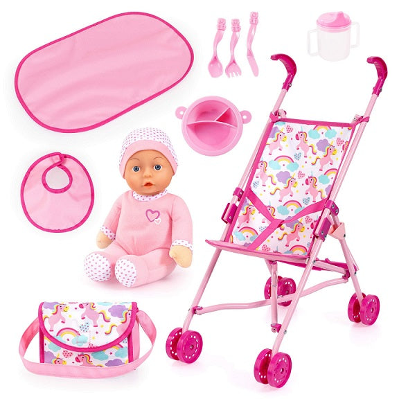 10in1 Buggy Dolls Pram Set Pink Unicorns