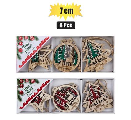 Xmas - Wooden Tree Ornament 7cm 6pc