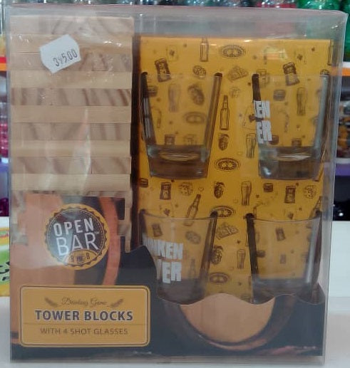 Drinking Game Tower Blocks wth Glasses