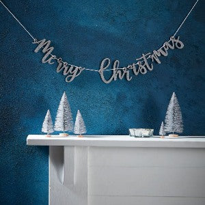 Silver Wooden Glitter Merry Christmas Backdrop 1m