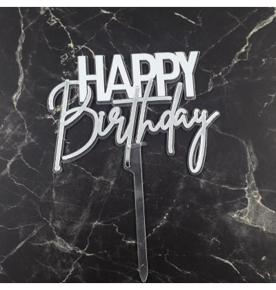 Cake Topper - Happy Birthday White/Silver 18cm