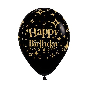 Balloon - Latex Happy Birthday Gold on Black Glitter Ink