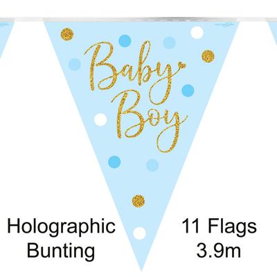 Bunting Sparkling Baby Boy Dots Holographic 3.9m (11 Flags)