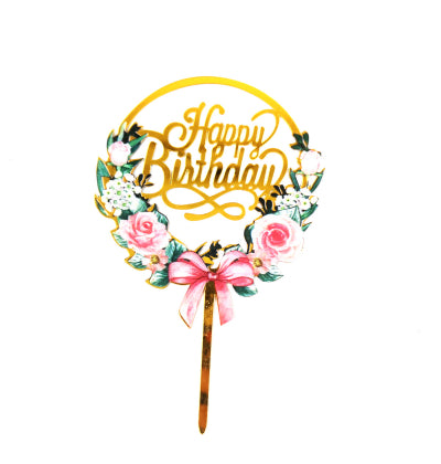 Cake Topper - Happy Birthday Floral Gold