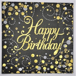 Serviettes Sparkling Fizz Black/Gold Happy Birthday (16)