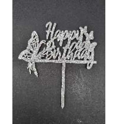 Cake Topper - Happy Birthday Butterfly Silver
