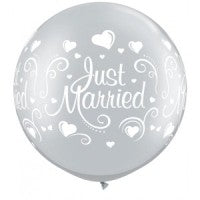 Latex Balloon Silver Just Married Hearts 30inch